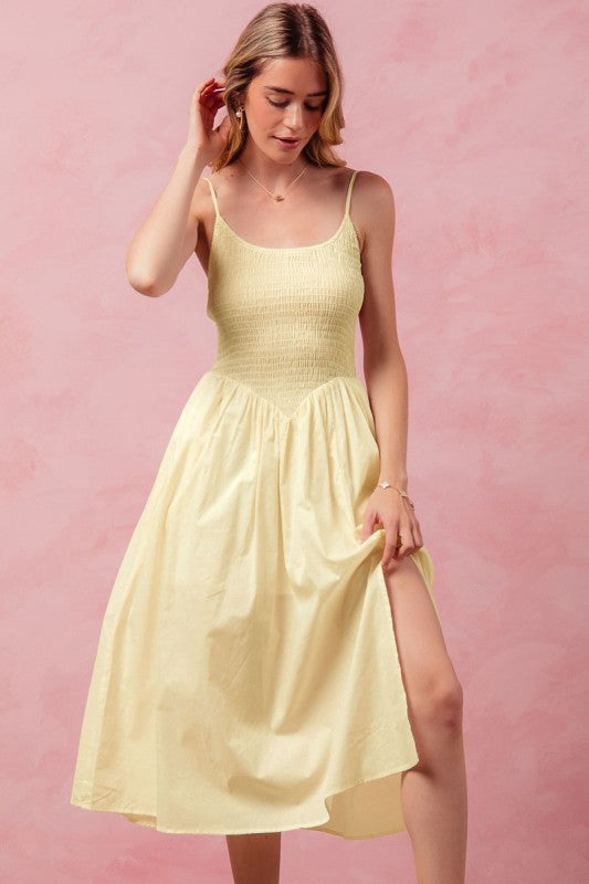 Callie Dip Front Smocked Midi Dress