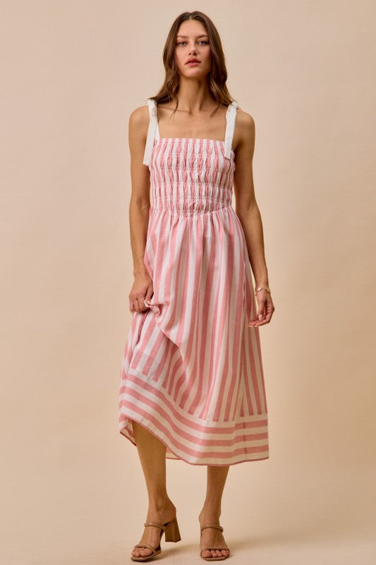 Cheri Striped Tie Shoulder Linen Midi Dress