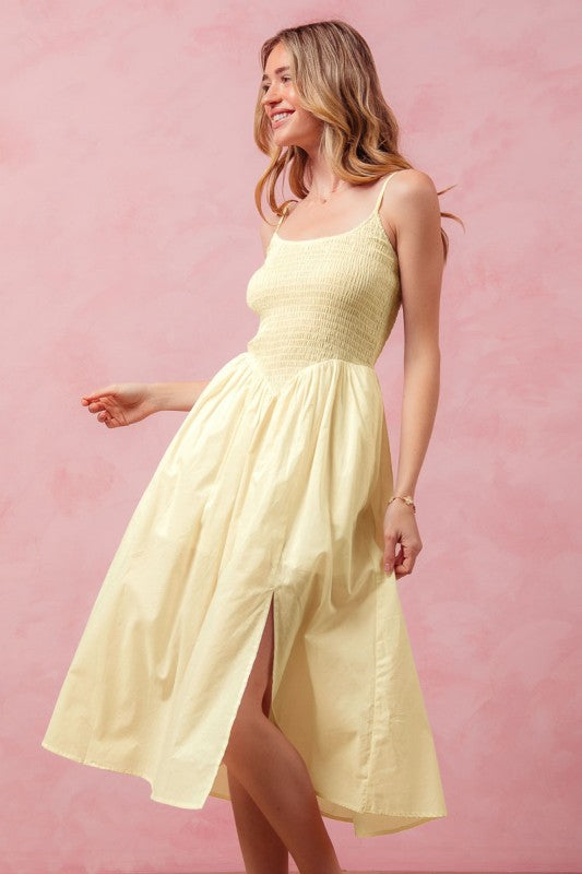 Callie Dip Front Smocked Midi Dress
