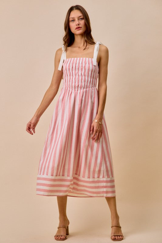 Cheri Striped Tie Shoulder Linen Midi Dress