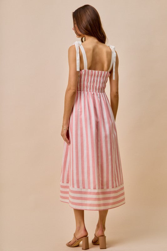 Cheri Striped Tie Shoulder Linen Midi Dress